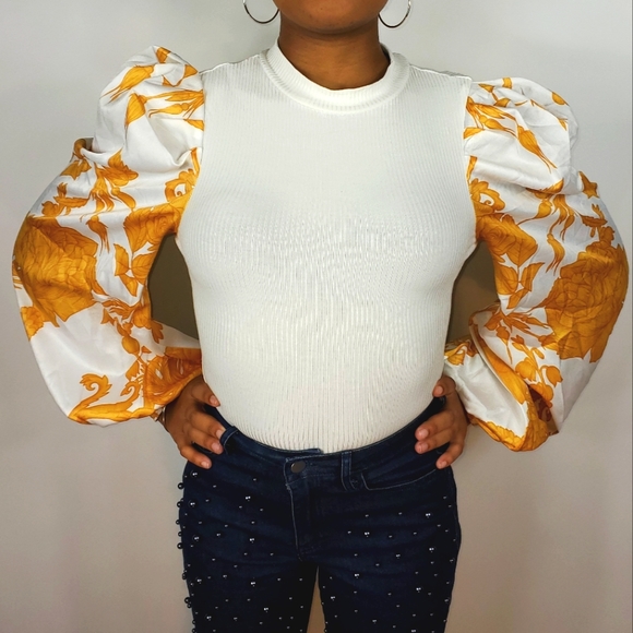 Mustard & White Mixed Fabric Knit Bodysuit - Picture 5 of 6